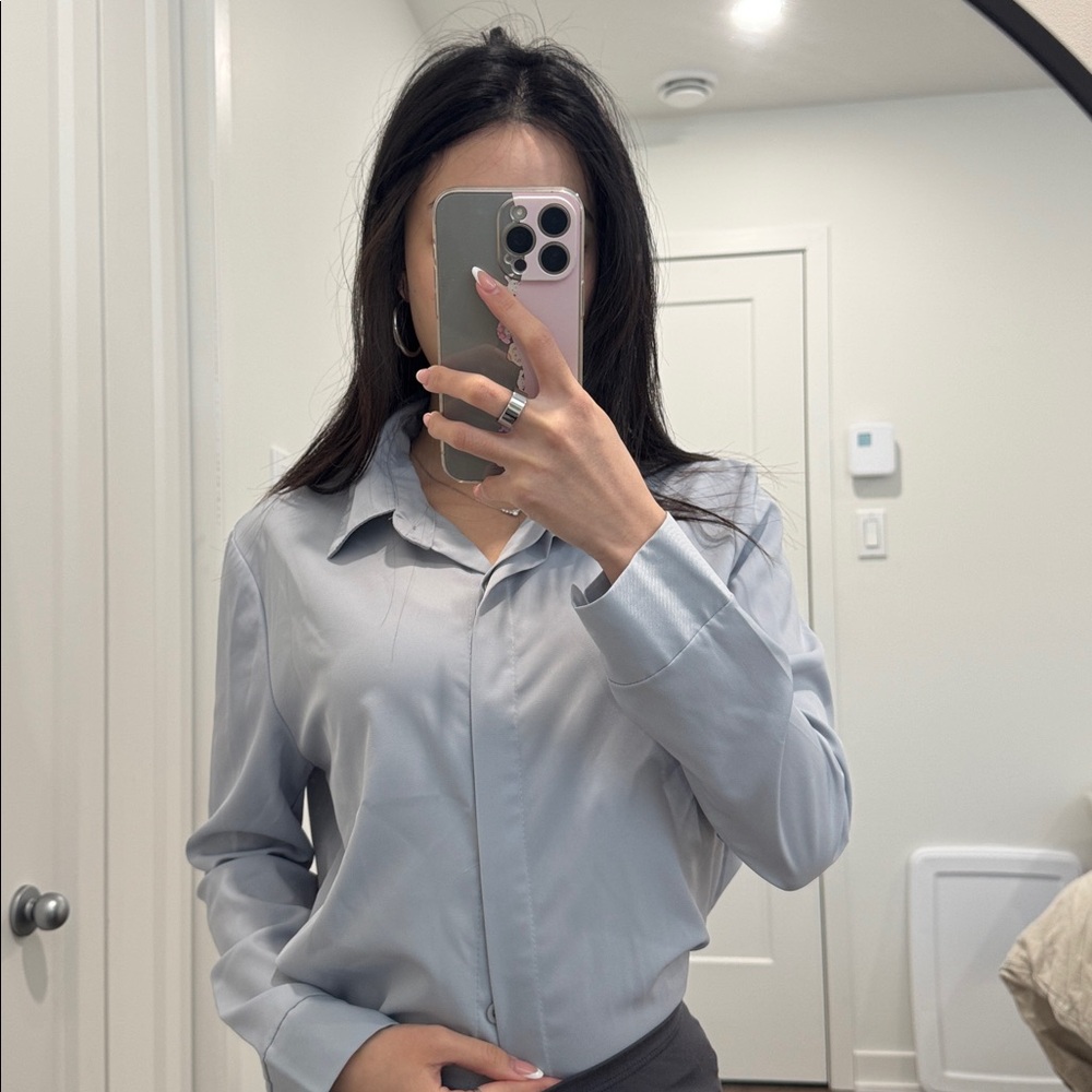 Women's Light Blue Gray Button Down Shirt